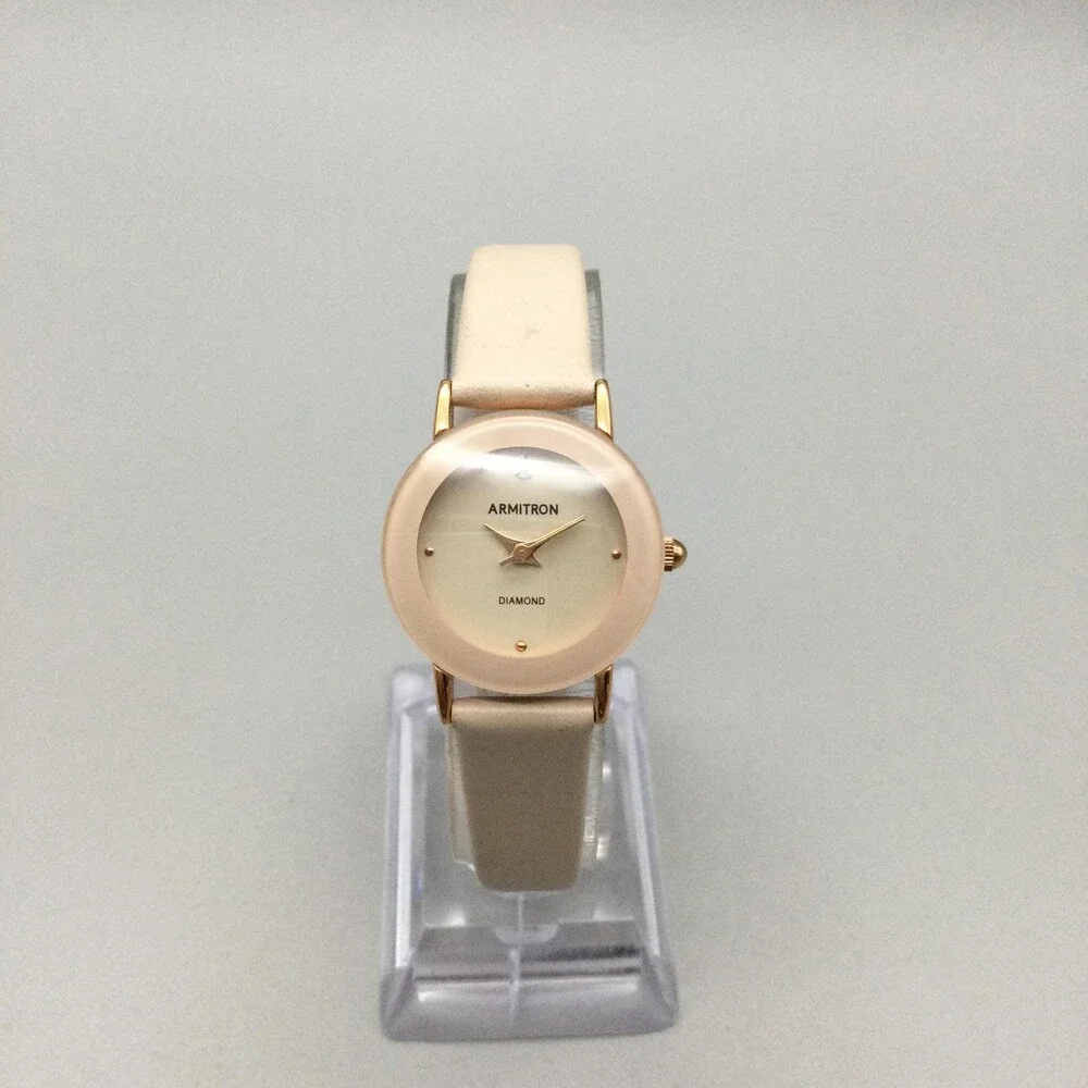 Armitron Diamond Womens Watch 24mm Gold Tone Beige Leather Band New Battery